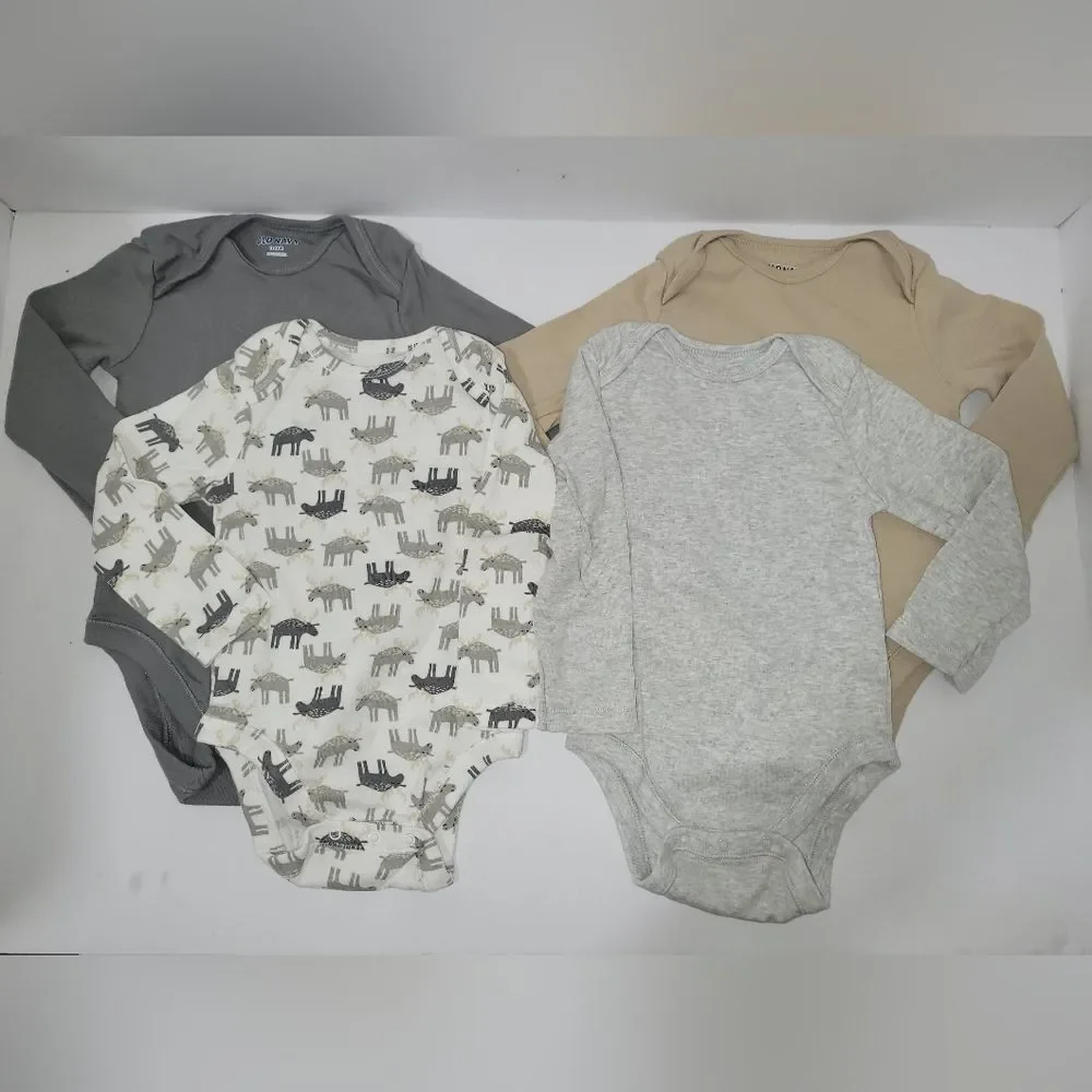 Old Navy Size 12-18 Months Gray Tan 4 Bodysuits Longsleeve Onesies